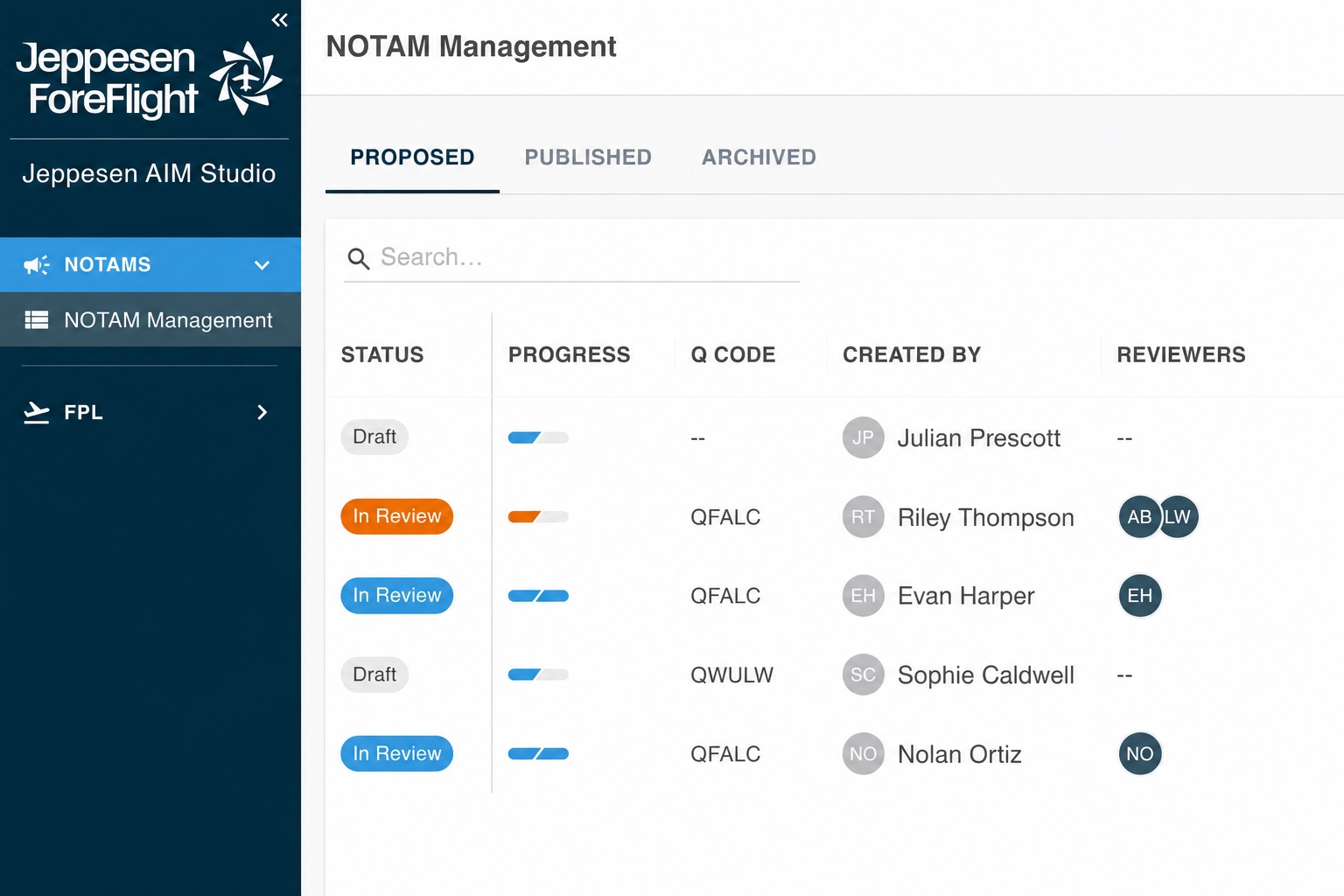 Jeppesen AIM Studio NOTAM management interface